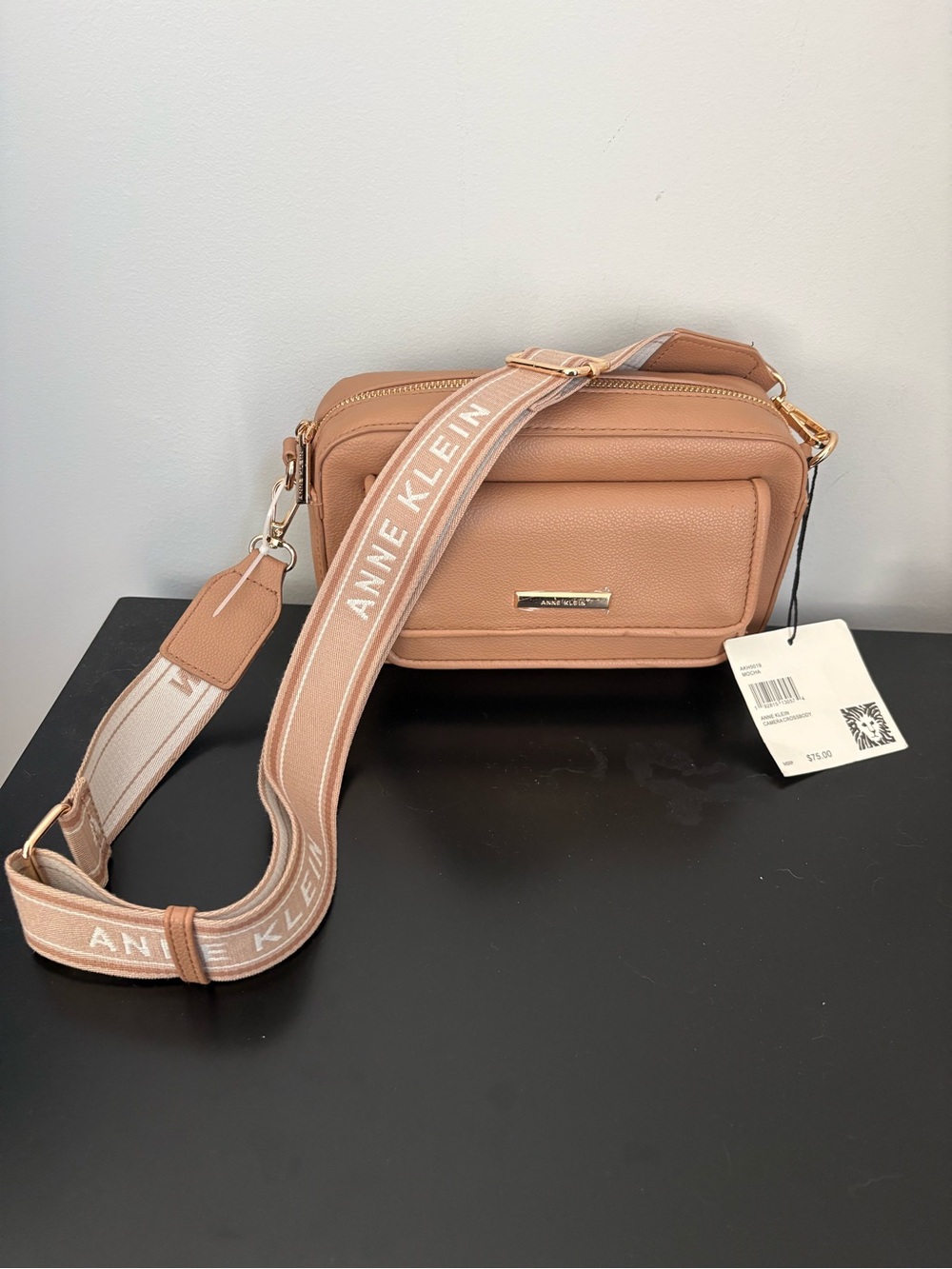 NWT Anne Klein Camera Crossbody Shoulder Bag Mocha Gold Hardware Adj GuitarStrap